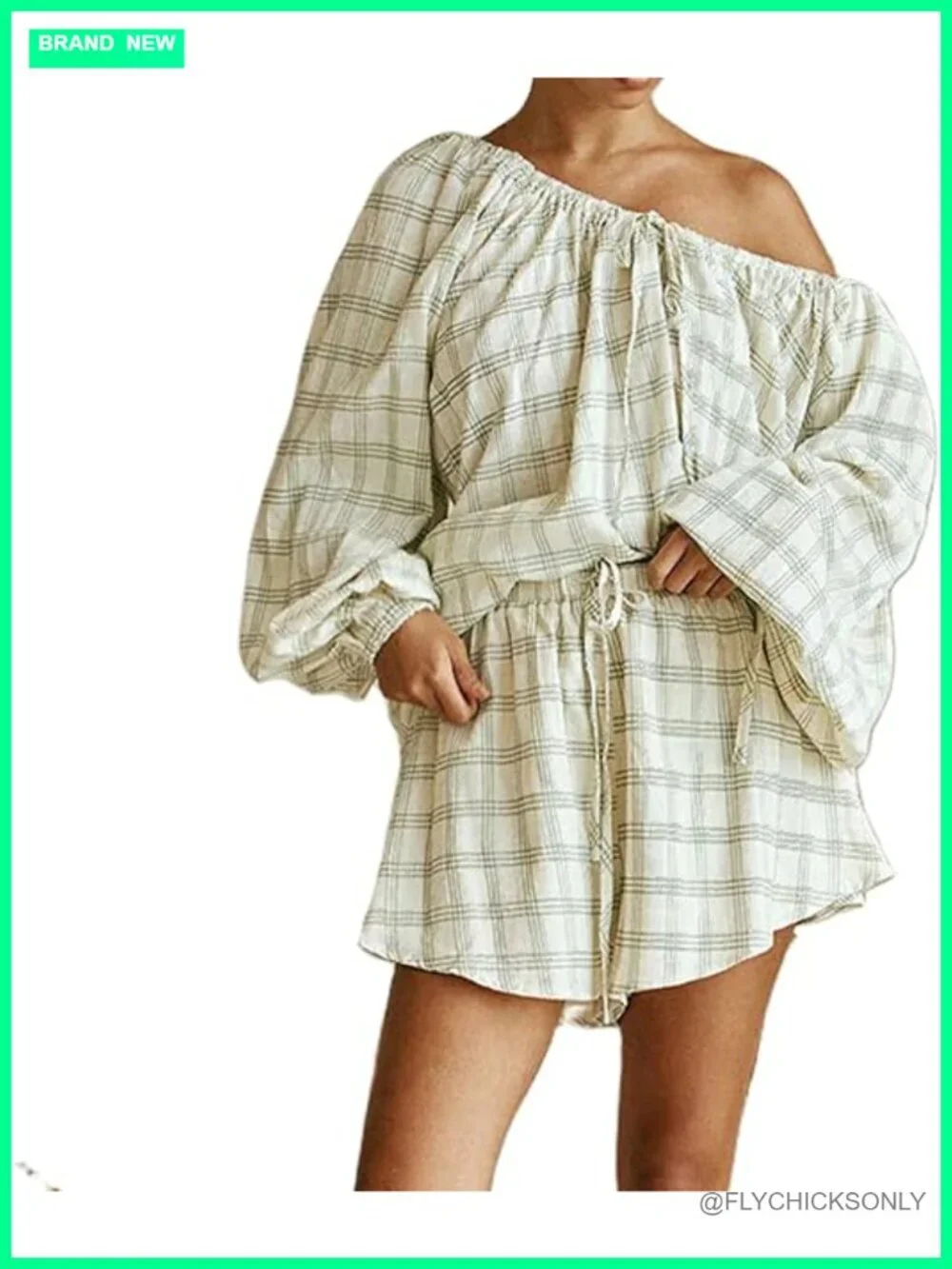 Women Gingham Pajama Set 2 Piece Long Puff Sleeve Babydoll Top Ruffle Plaid